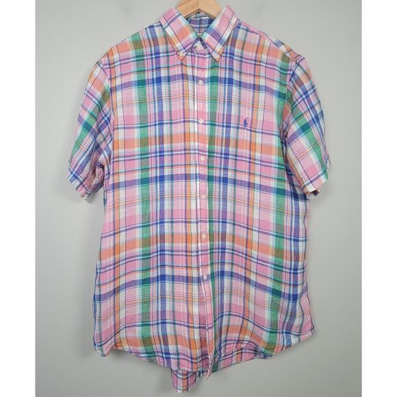 Ralph Lauren Mens L Linen Madras Plaid Short Sleeve Button Down Shirt - Picture 2 of 9